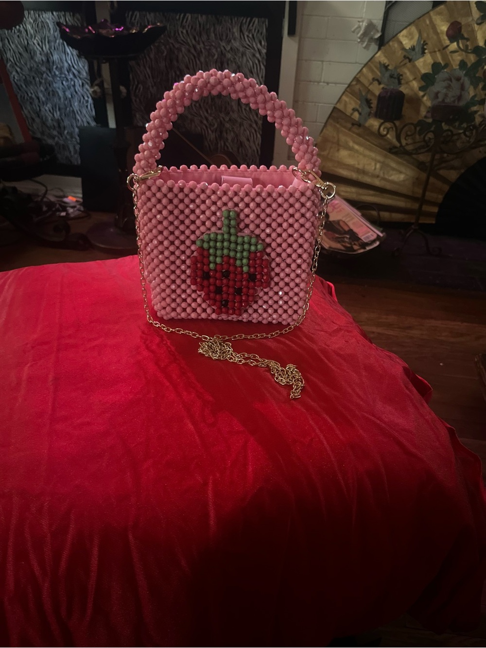 Pink Beaded Strawberry Crossbody & Top-Handle Bag